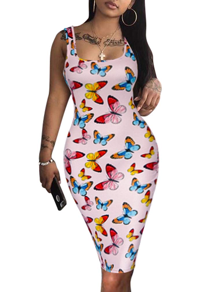 LAGSHIAN Women's Sexy Bodycon Tank Dress Sleeveless Basic Midi Club Dresses