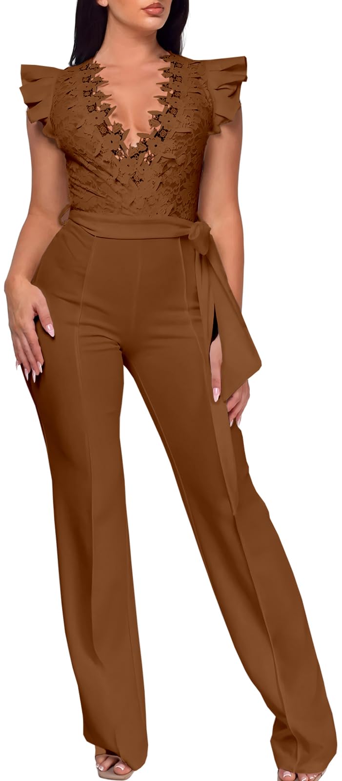 PaladMom Womens Elegant Plus Size Jumpsuits Sexy Back zipper Short Sleeve Mid Waist Wide Leg Straight Rompers