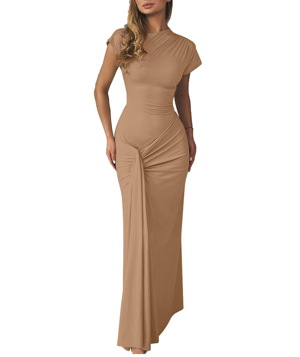 Mojessy Women Bodycon Maxi Dress Sexy Mock Neck Lace Up Bandage Ruched Short Sleeve Long Dress Cocktail Dress