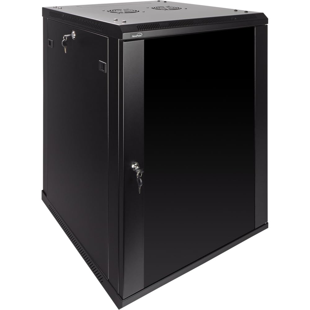 NavePoint 12U Server Rack Enclosure - 23.6” Deep, Wall Mount Network Cabinet with Locking Glass Door for 19” IT Equipment, Network Rack with 2 Fans, Removable Side Panels, Black