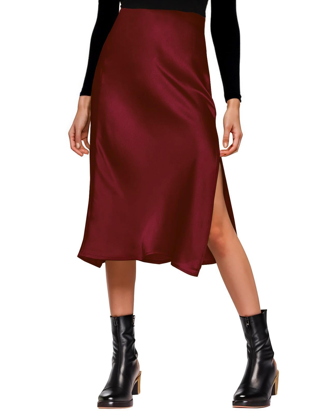 Amy Babe Womens Satin Silk High Waist Slit Midi Skirt Elastic Waistband Midi Skirts for Women