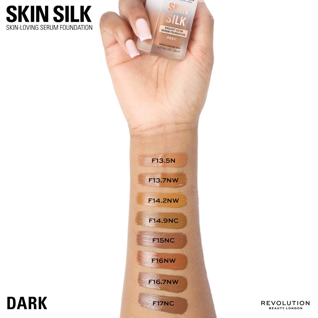 Revolution Skin Silk Radiant Satin Serum Foundation, Buildable Coverage with Hydrating Hyaluronic Acid for a Natural Finish, Vegan & Cruelty-Free, F0.5C Fair Skin Tones, 0.77 fl oz