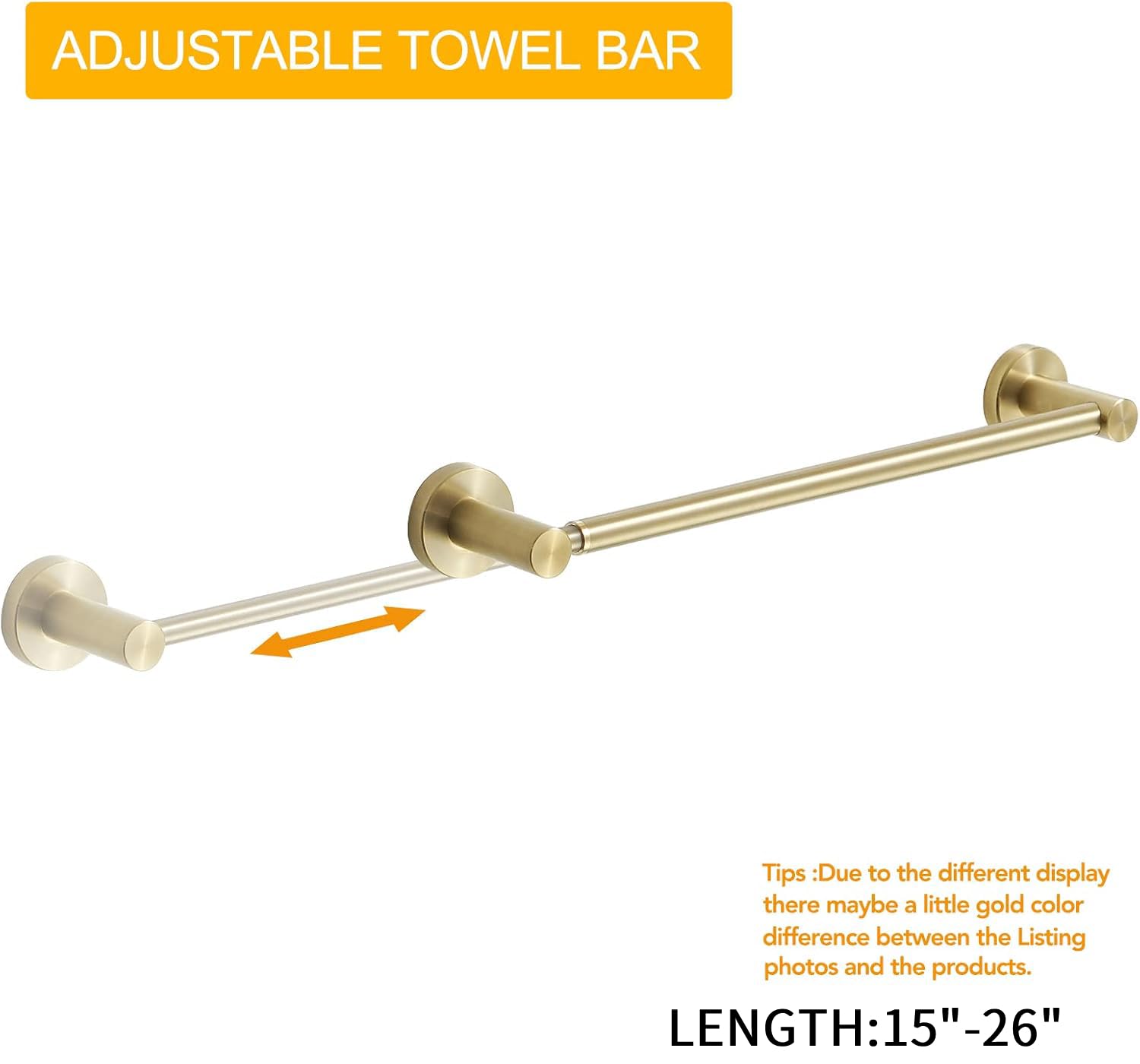 BESy Adjustable 15 to 26 Inch Single Bath Towel Bar for Bathroom SUS304 Stainless Steel Towel Holder, Wall Mount with Screws Hand Towel Bar Rod Hotel Style, Brushed Gold