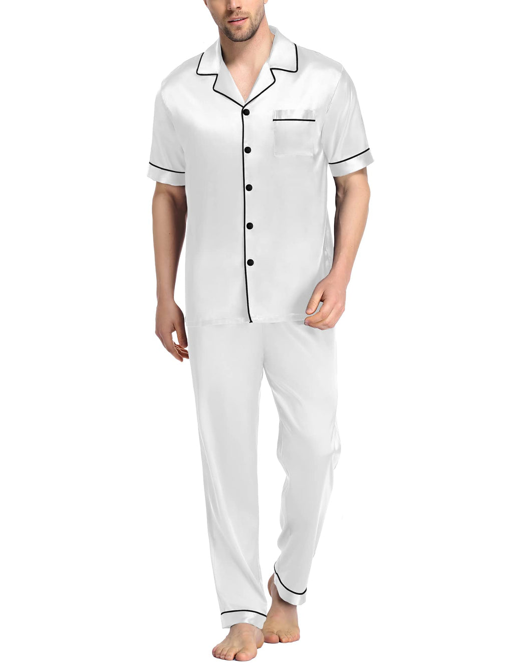 SWOMOG Mens Satin Pajama Set Short Sleeve Classic Sleepwear Button Down Silky Loungewear with Long Pants