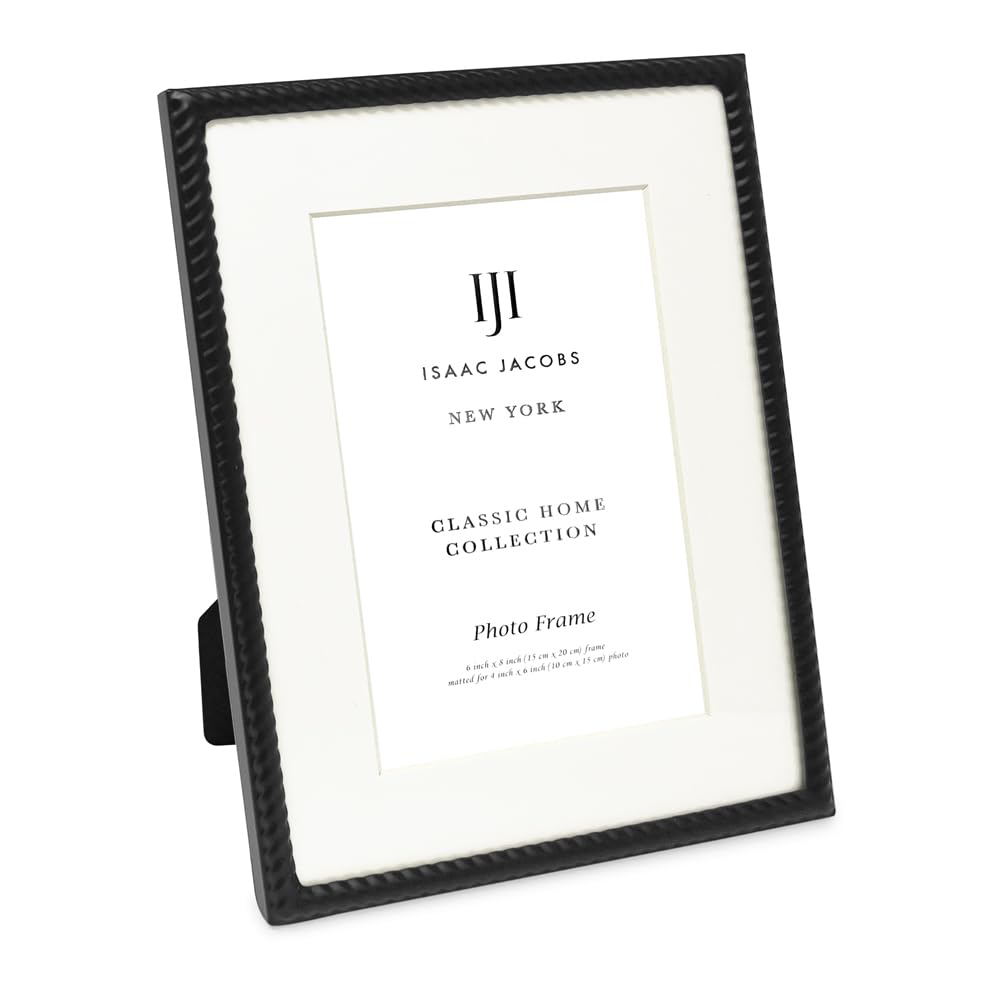 Isaac Jacobs 6x8 (Matted 4x6) Black Metal Rope Border Picture Frame, Horizontal & Vertical for Tabletop and Wall Display, Home Decor, Metal Frame (6x8 (Matted 4x6), Black)