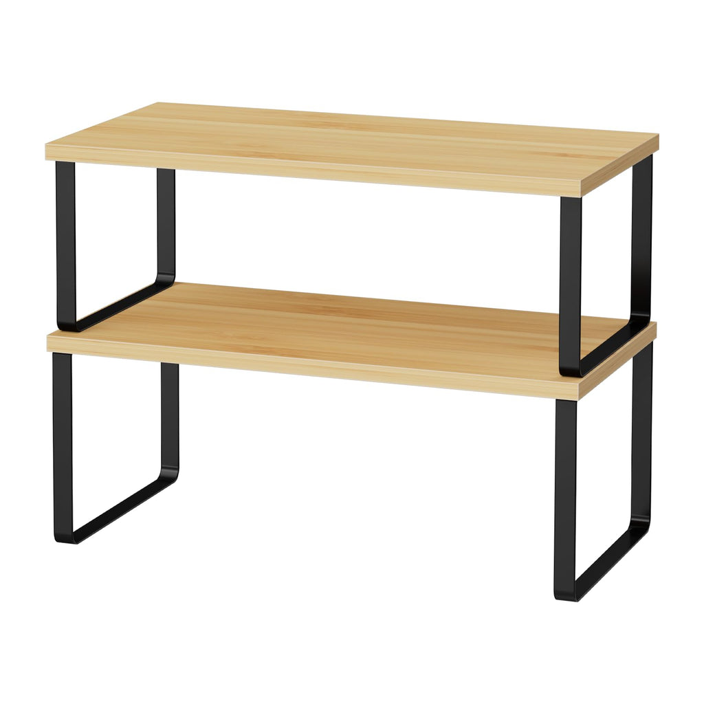 OGEMXU Cabinet Shelf Organizers, 15.7 inches Large Kitchen Counter Shelf, Set of 2 Wood Kitchen Pantry Organizer, Storage Shelves for Countertop, Spice Rack, Stackable, Expandable, Metal Black, Brown