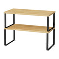 OGEMXU Cabinet Shelf Organizers, 15.7 inches Large Kitchen Counter Shelf, Set of 2 Wood Kitchen Pantry Organizer, Storage Shelves for Countertop, Spice Rack, Stackable, Expandable, Metal Black, Brown