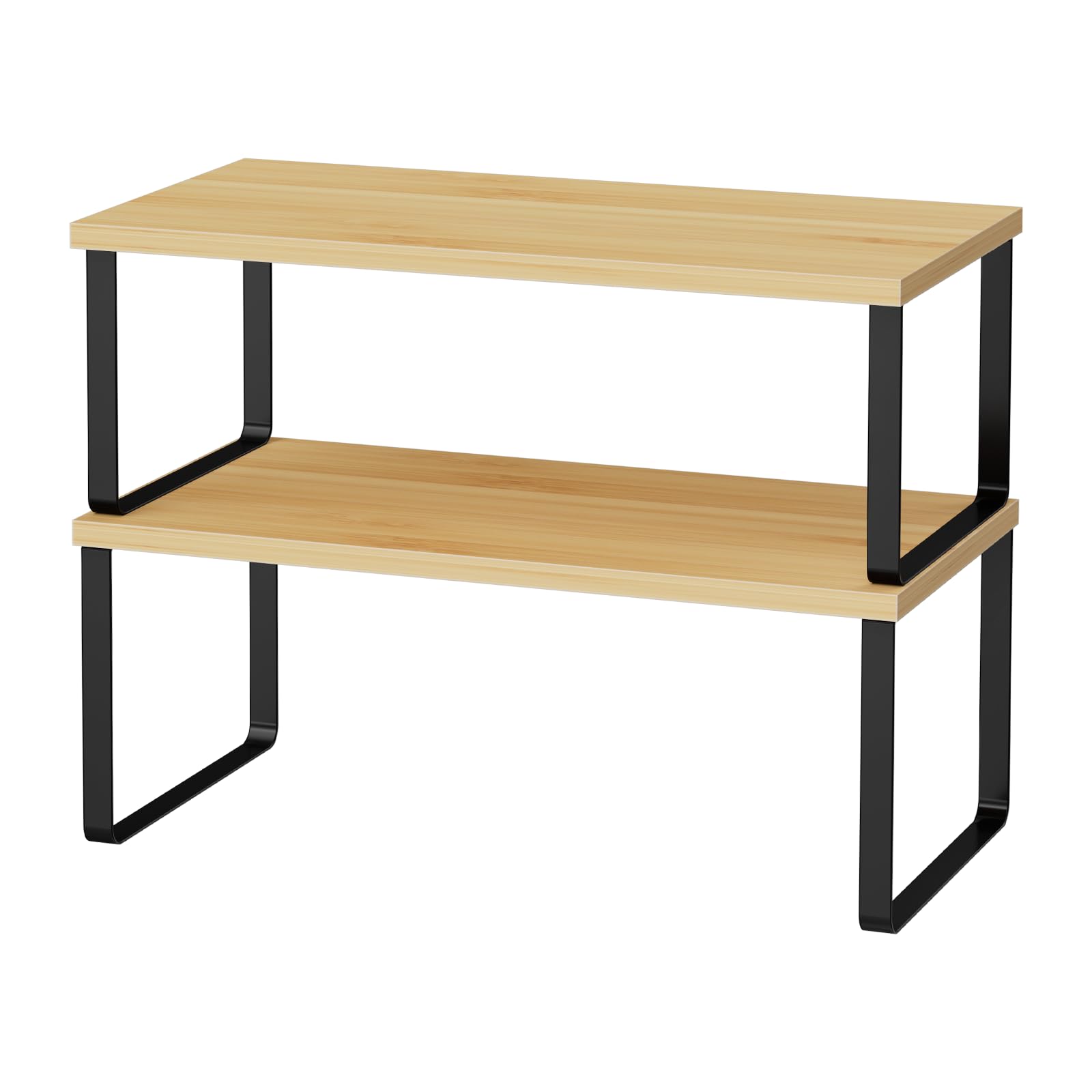 OGEMXU Cabinet Shelf Organizers, 15.7 inches Large Kitchen Counter Shelf, Set of 2 Wood Kitchen Pantry Organizer, Storage Shelves for Countertop, Spice Rack, Stackable, Expandable, Metal Black, Brown