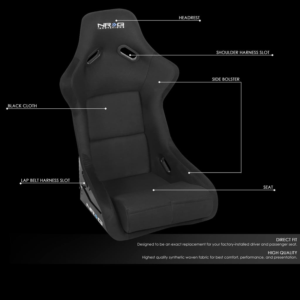 NRG Innovations NRG-FRP-330 Fiber Glass Fixed Back Bucket Racing Seat (Small), 4 pt Harness Compatibility, Black Seat Cover, 19"W X 18" D X 34" H