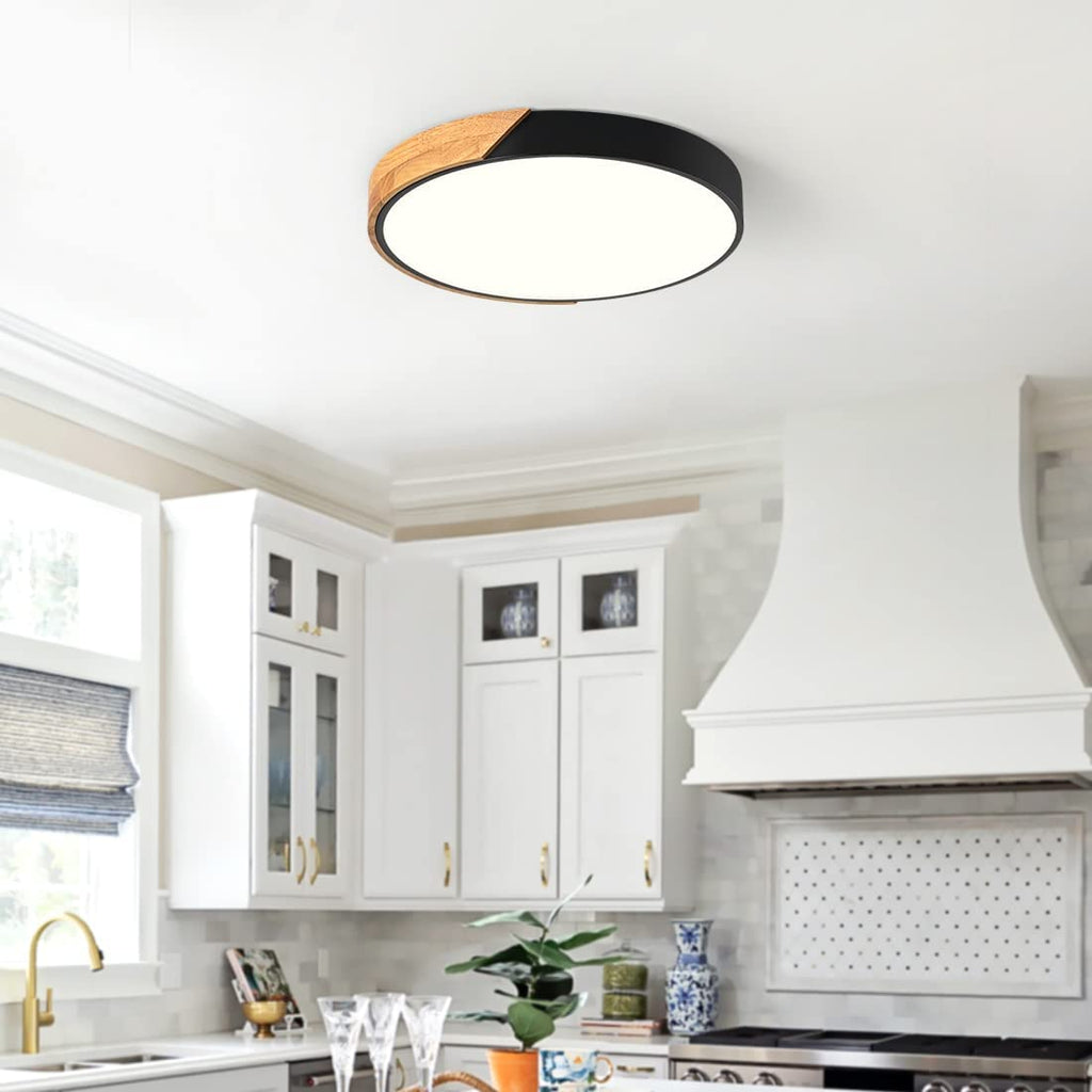 Modern LED Ceiling Light, Minimalist Wood Dimmable Flush Mount Ceiling Light Fixture, Round 5CCT Lighting Lamp with Acrylic Lampshade for Bedroom Hallway Kitchen Laundry, Black 11.8"