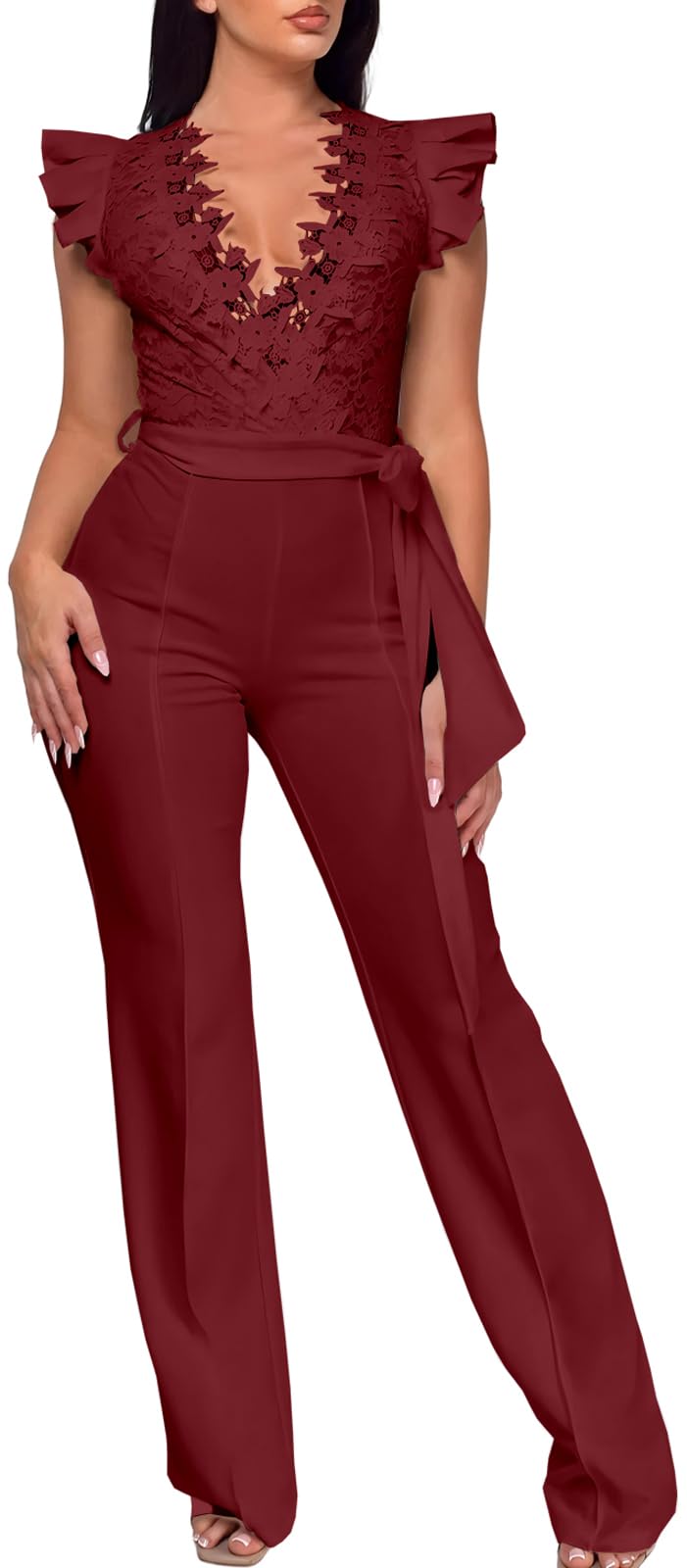 PaladMom Womens Elegant Plus Size Jumpsuits Sexy Back zipper Short Sleeve Mid Waist Wide Leg Straight Rompers