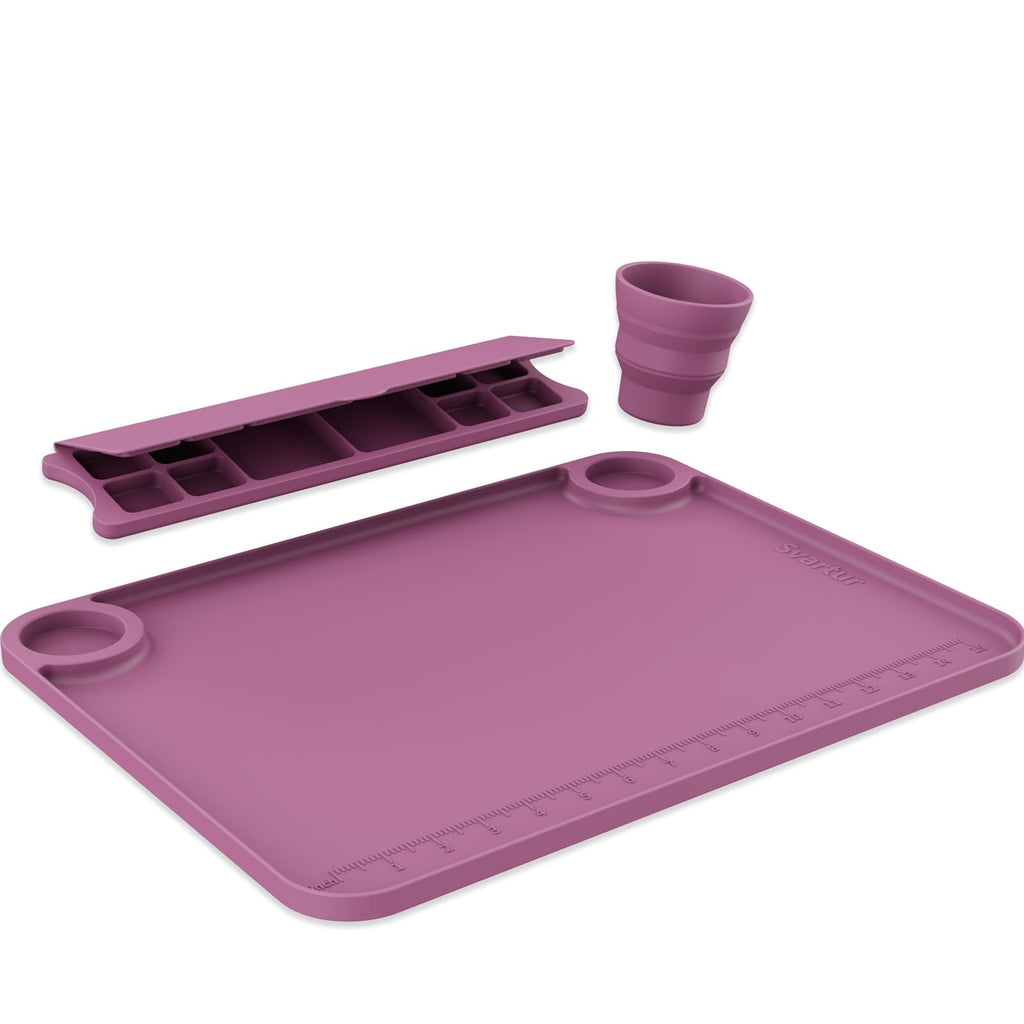 Svartur Silicone Art Mat - 17" X 13" With Cup and Palette, Raised Edge for Craft, Artist Creator Mat for Resin DIY, Coral Pink