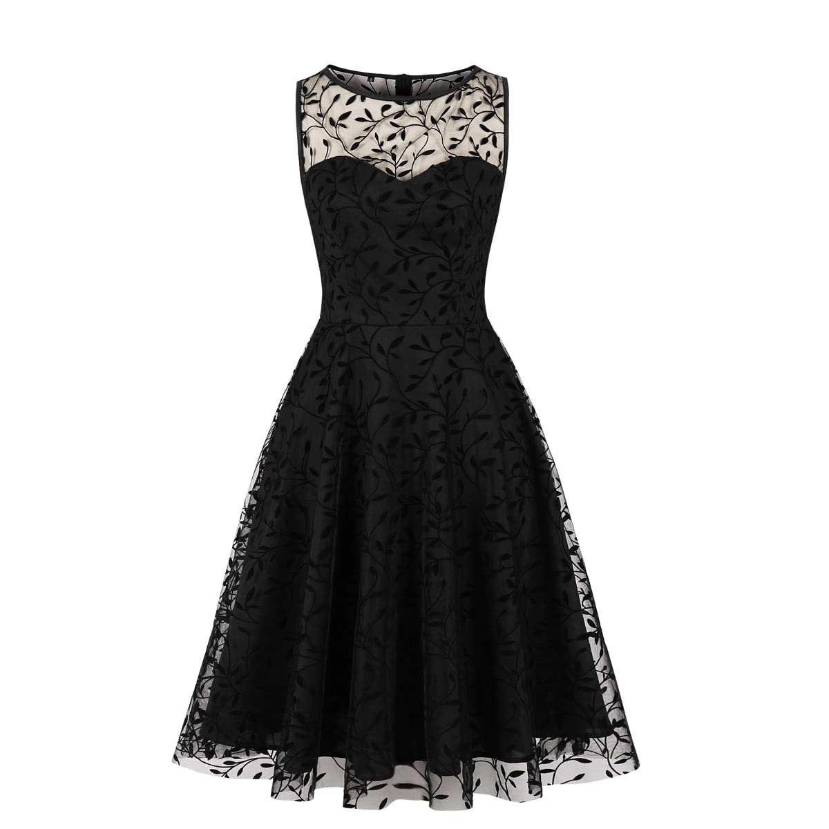 Women Mesh Floral Embroidery Vintage Cocktail Swing Dress Illusion 50s Goth Flared A line Casual Wedding Prom Evening Dress