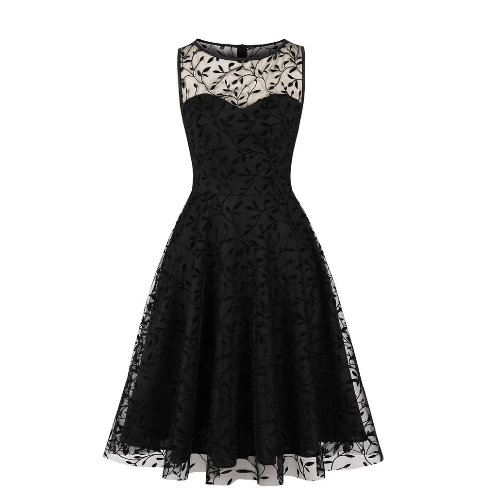 Women Mesh Floral Embroidery Vintage Cocktail Swing Dress Illusion 50s Goth Flared A line Casual Wedding Prom Evening Dress