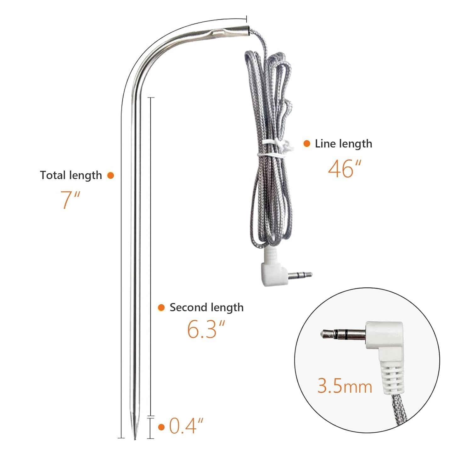 Replacement Waterproof Meat Probe 2 PCS Compatible with Traeger BBQ Grills, 3.5 mm Plug Meat BBQ Digital Thermostat Probes, Set of 2