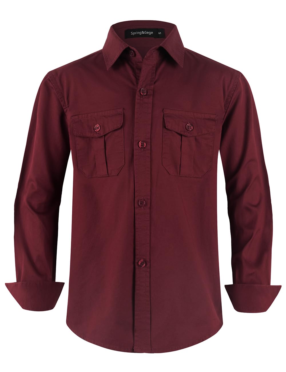 Spring&Gege Boys' Long Sleeve Button Down Shirt for Kids Woven Solid Two Pockets