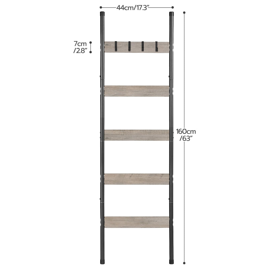 HOOBRO Blanket Ladder, 5-Tier Towel Rack with Hooks, Wall-Leaning Blanket Rack, Decorative Display Ladder Shelf, Scarves, Industrial, Living Room, Bedroom, Black BB52CJ01