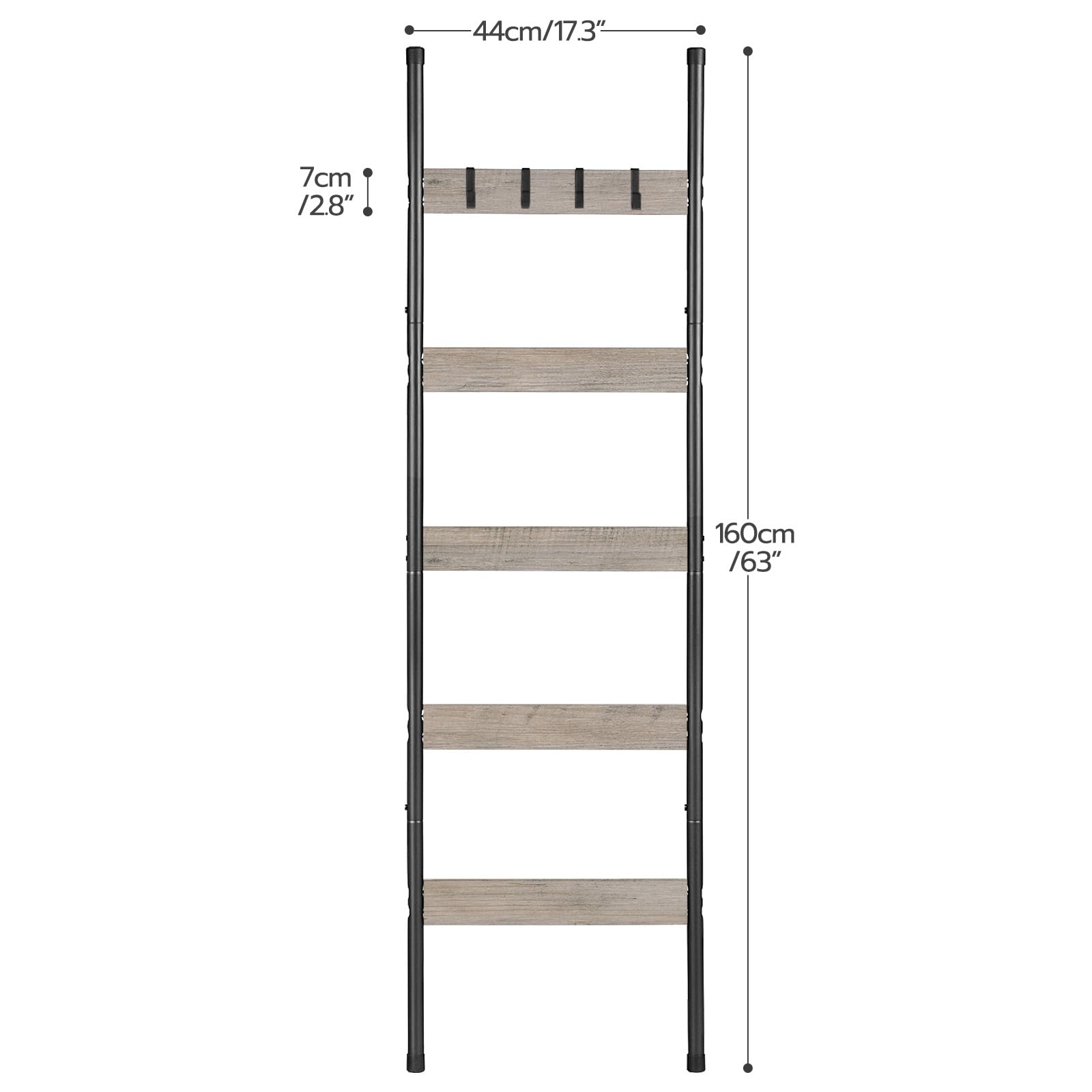 HOOBRO Blanket Ladder, 5-Tier Towel Rack with Hooks, Wall-Leaning Blanket Rack, Decorative Display Ladder Shelf, Scarves, Industrial, Living Room, Bedroom, Black BB52CJ01