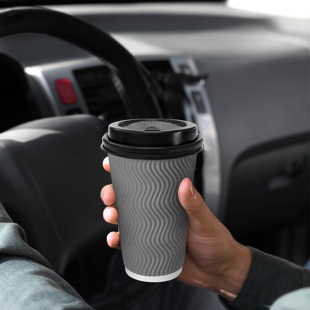 BYSNOW 100 Pack 10 oz Coffee Cups with Lids, Disposable Insulated Hot Cups To Go Paper Coffee Cups, Corrugated Ripple Wall Cup for Hot Drink, Office, Coffee Bar (Grey 10 oz)