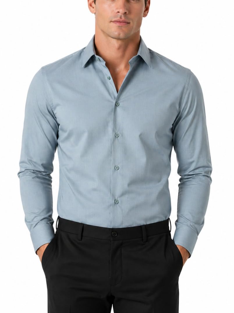 FAHIZO Men's Dress Shirt Casual Regular Fit Stretch Solid Long Sleeve Button Up Shirts