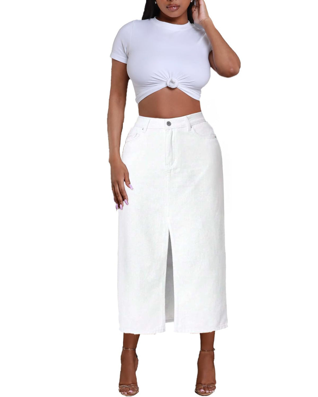 Jean Skirt for Women Denim Skirt High Waist Stretch Midi Denim Skirts with Pockets
