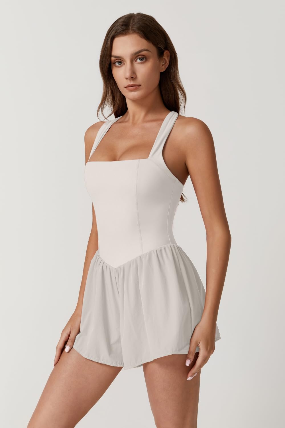 QINSEN Women's Square Neck Sleeveless Romper Jumpsuit Casual Summer One Piece Outfit with Pocket
