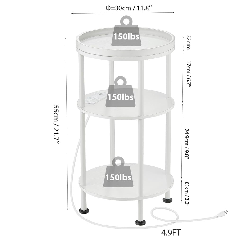 Small Round Side Table with Charging Station for Small Spaces, 3-Tier Accent Table with USB Ports & Power Outlets, Sofa Corner Tea Table for Living Room Nightstand Bedroom Apartment (Black)