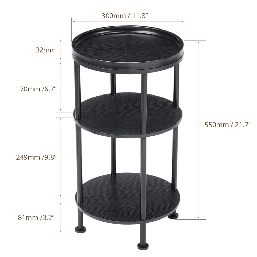 Small Round Side Table with Charging Station for Small Spaces, 3-Tier Accent Table with USB Ports & Power Outlets, Sofa Corner Tea Table for Living Room Nightstand Bedroom Apartment (Black)