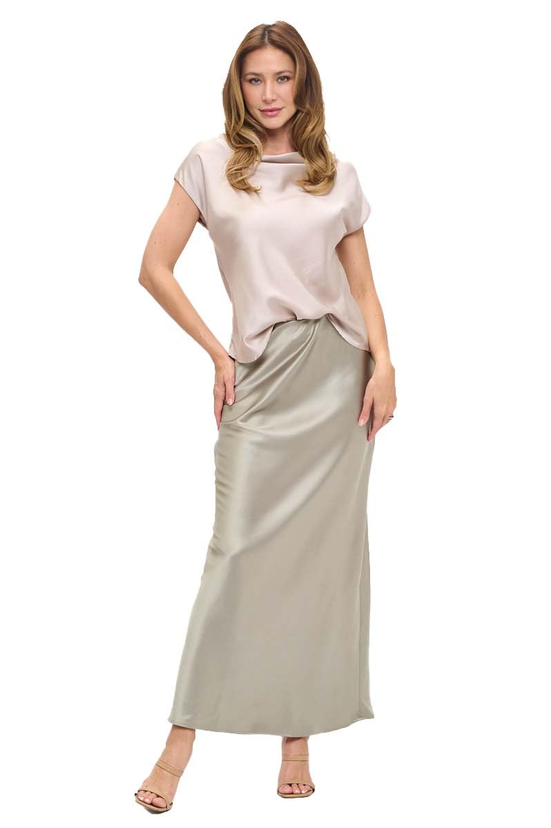 Women's Solid Satin High Waist Midi Long Skirt Hidden Elastic Waistband Skirt for Women-Made in USA