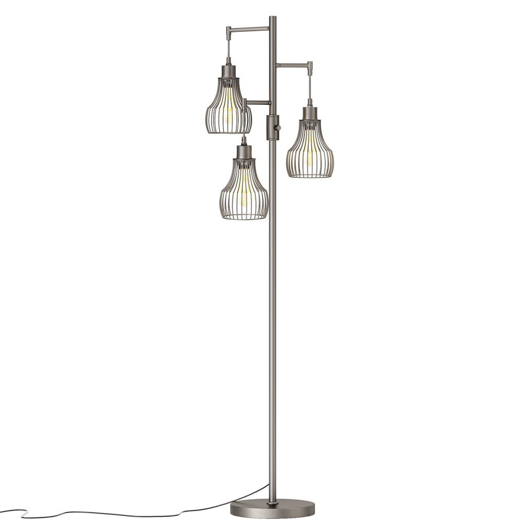 Ziisee Dimmable Floor Lamps for Living Room, Industrial Tree Standing Tall Lamps with 3 Elegant Cage Shade & 800 Lumens LED Bulbs for Bedroom Office - Brown