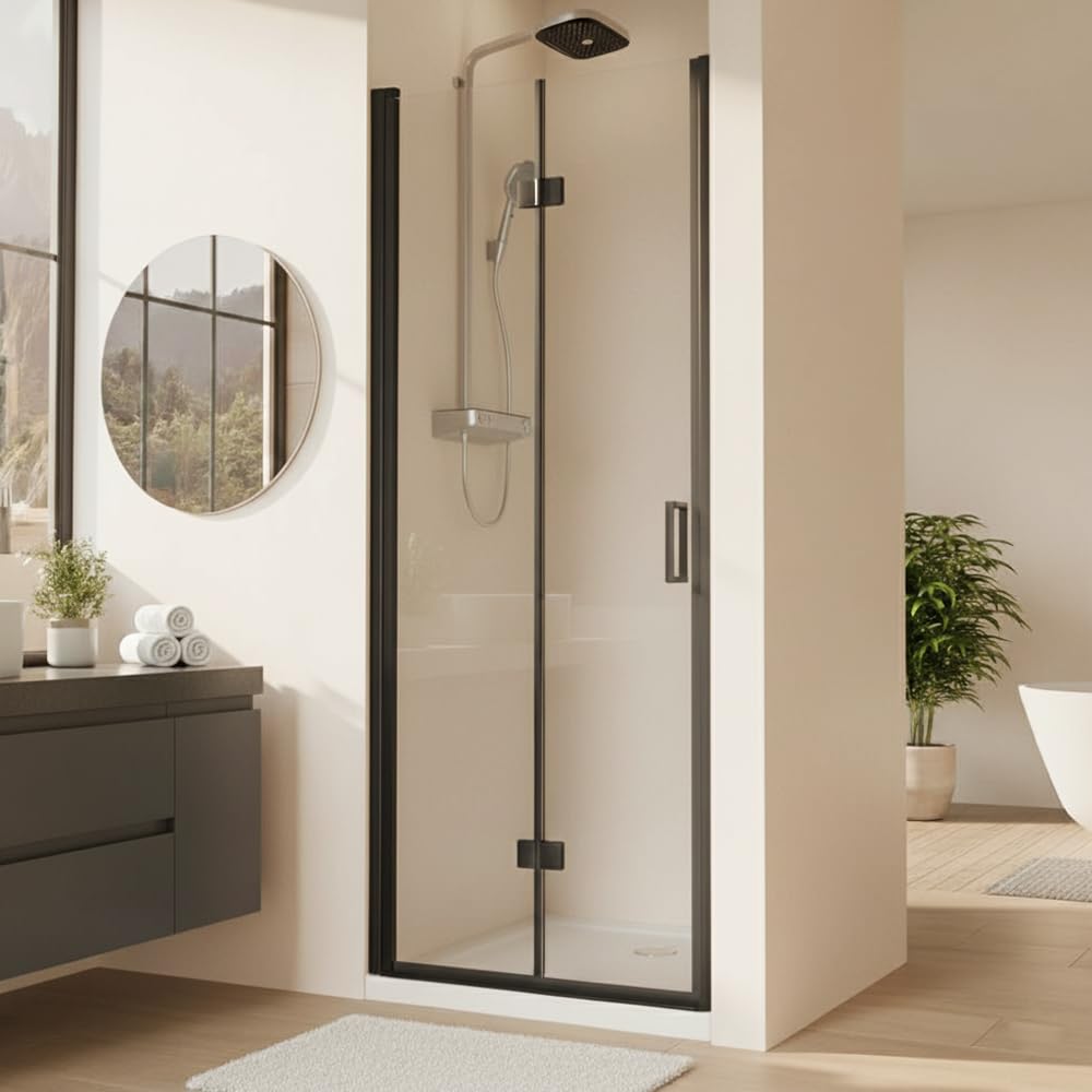 28” x 72” Pivot Shower Door, 1/4 inch Tempered Glass Panel Pivot Swing Shower Door in Matte Black Finish, Semi-Frameless Design