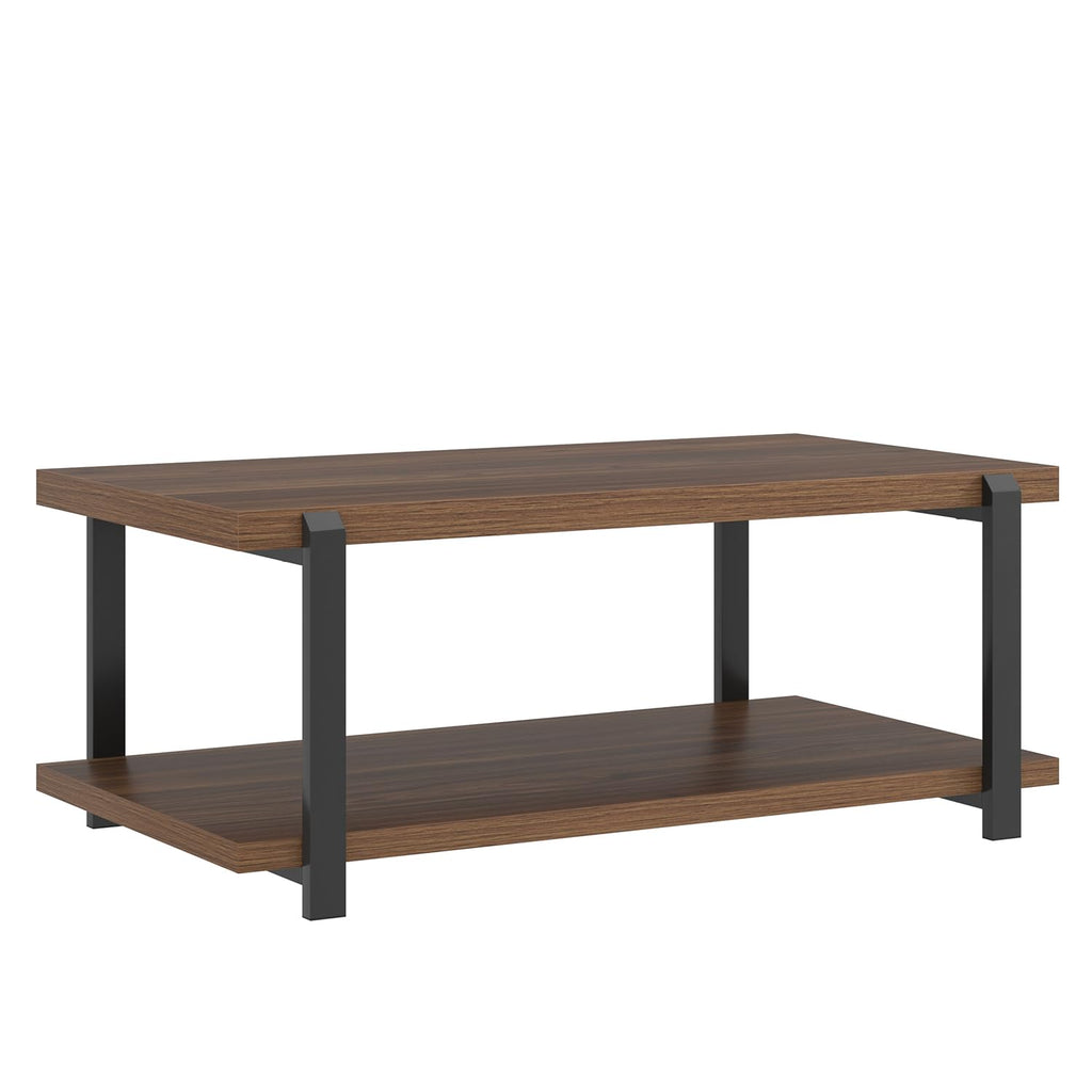 FOLUBAN Black Coffee Table, Modern Rustic Wood Center Table with Storage for Living Room, Industrial Rectangle 2 Tier Cocktail Tea Table, Black Oak