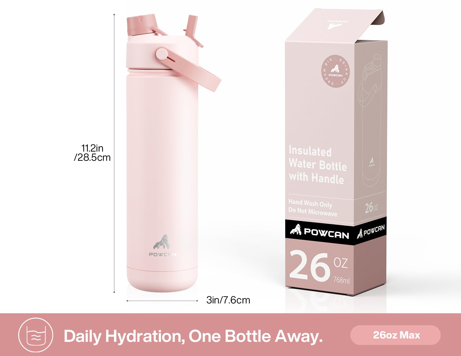 POWCAN 26 oz Insulated Water Bottle with 2-in-1 Straw and Spout Lid, Keep Cold 24H, Leak-Proof, Fits in Car Cup Holder, Stainless Steel Water Bottle for Sports, Travel, Gym, Gift, and School (Ace)