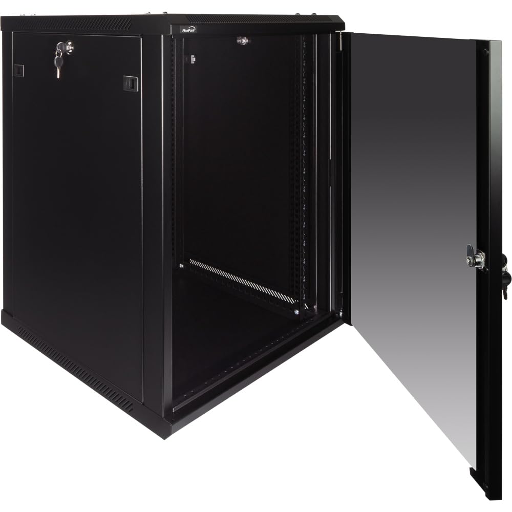 NavePoint 12U Server Rack Enclosure - 23.6” Deep, Wall Mount Network Cabinet with Locking Glass Door for 19” IT Equipment, Network Rack with 2 Fans, Removable Side Panels, Black