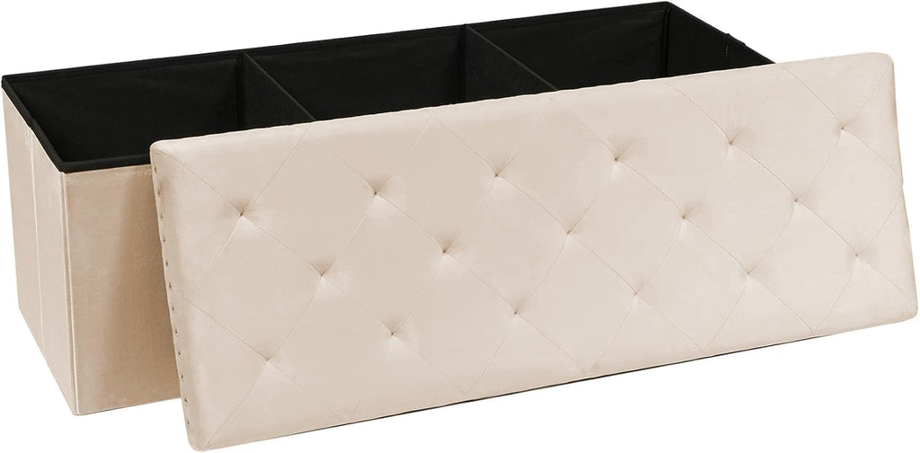 PINPLUS Folding Storage Ottoman Bench, Folding Velvet Tuffed Foot Rest Stool with Rivet, End of Bed Bench Large Long Shoes Chest for Bedroom Entryway Living Room, Beige, 41.3 Inches