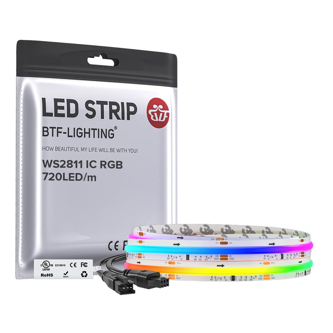 BTF-LIGHTING WS2811 Smart IC RGB FCOB COB LED Strip, UL Listed 630LEDs/m High Density Color Chasing Uniform Light, DC12V 12FT 10mm Width Tape Light for Home Party DIY Decor(No Adapter or Controller)