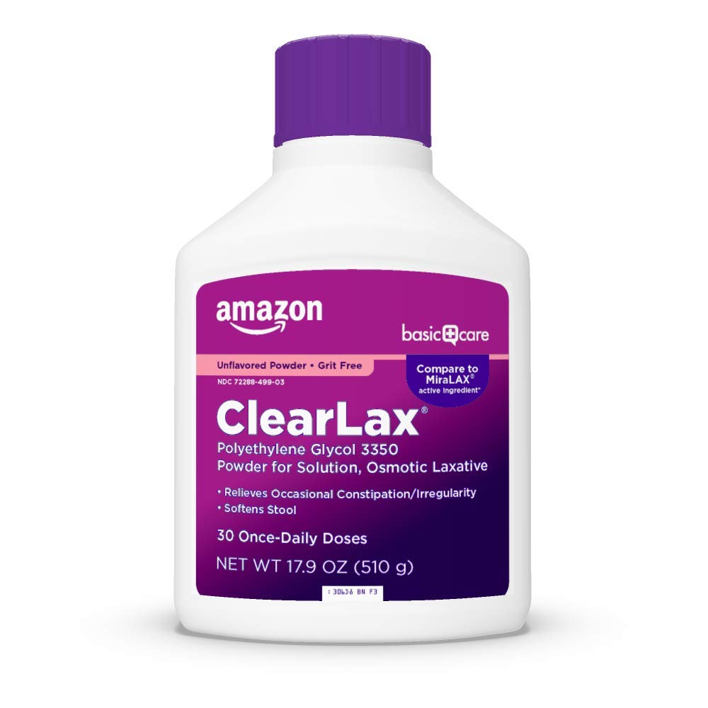 Amazon Basic Care ClearLax Polyethylene Glycol 3350 Powder for Solution, Orange Flavor, Osmotic Laxative, Stool Softener, Relieves Occasional Constipation, 8.3 ounce (Pack of 1)
