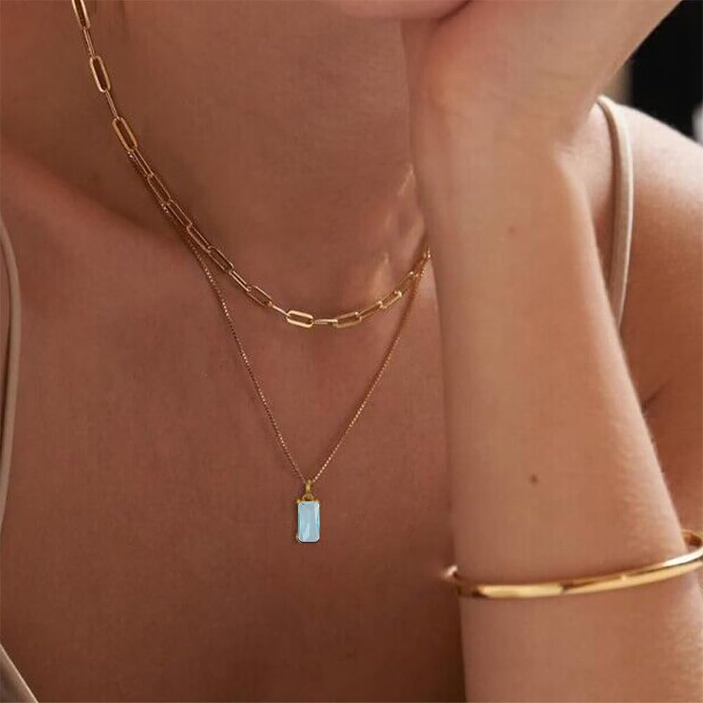 Dainty Gold Charm Necklaces for Women Non Tarnish, 14K Trendy Blue Green Cubic Zirconia Emerald Pendant Birthstone Necklaces Birthday Gifts for Women Waterproof Jewelry