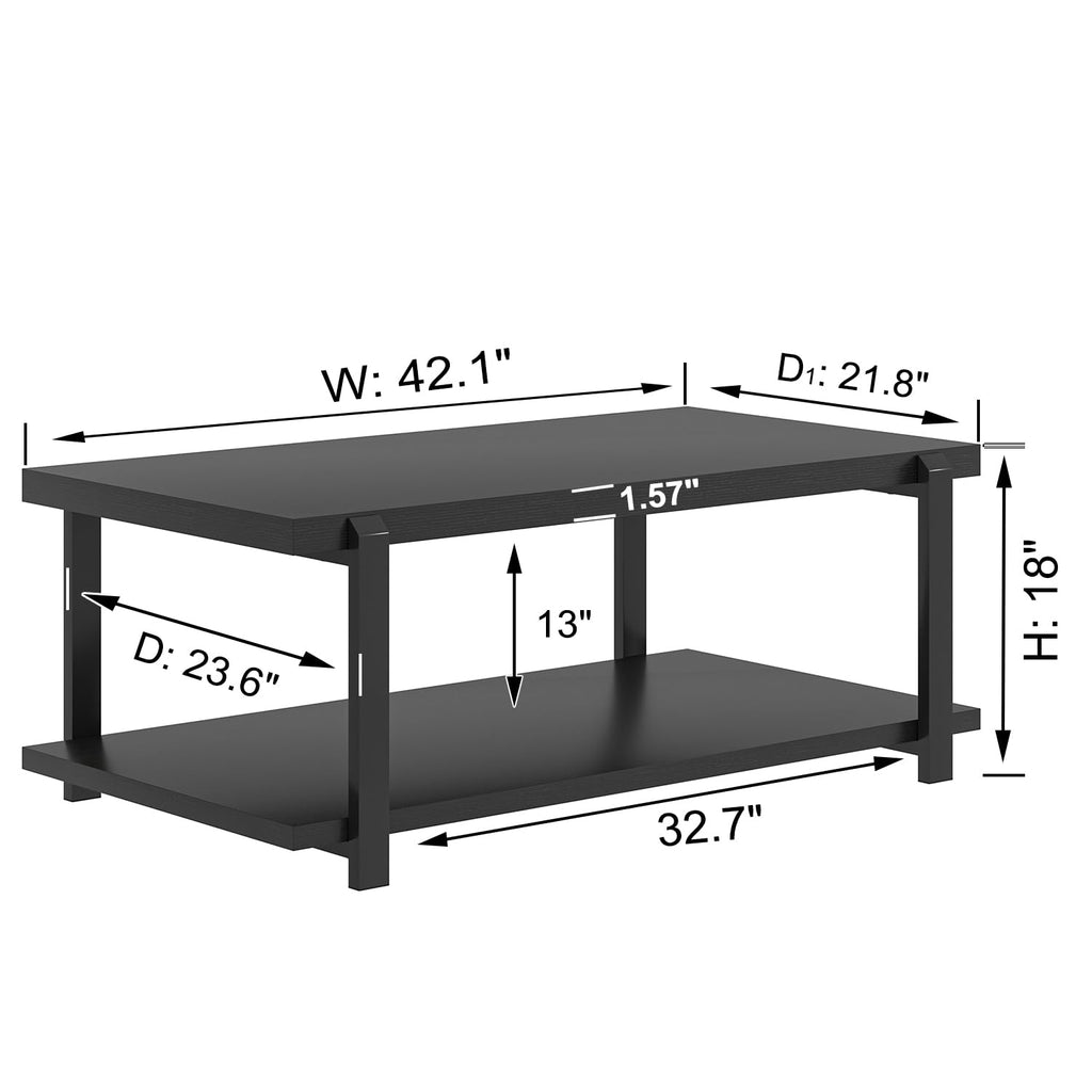 FOLUBAN Black Coffee Table, Modern Rustic Wood Center Table with Storage for Living Room, Industrial Rectangle 2 Tier Cocktail Tea Table, Black Oak