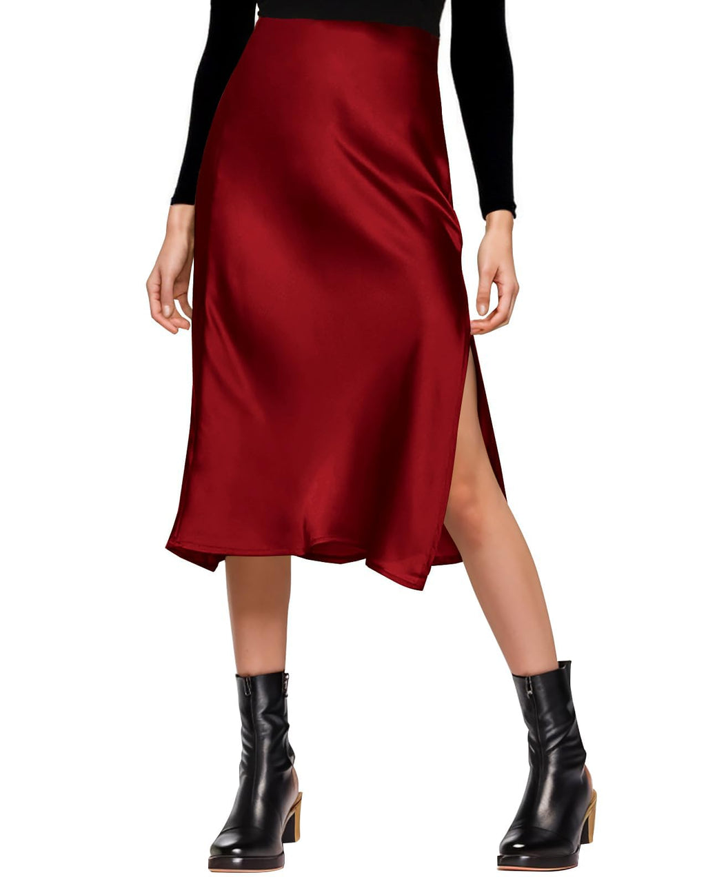 Amy Babe Womens Satin Silk High Waist Slit Midi Skirt Elastic Waistband Midi Skirts for Women