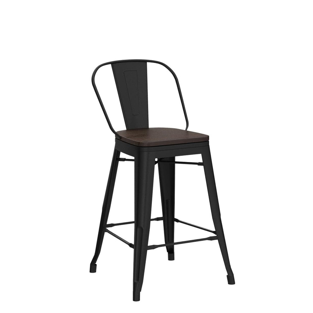 Barstools Set of 4 Counter Height Bar Stools for Kitchen Island Farmhouse Metal High Back Bar Chairs Wooden Seat 24" Matte Black
