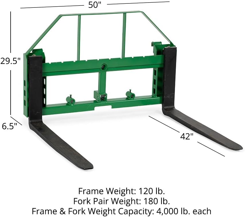 Titan Attachments 50-in Pallet Fork Frame Attachment, 4,000 LB Capacity, Receiver Hitch and 42-in Fork Blades, Fits JD