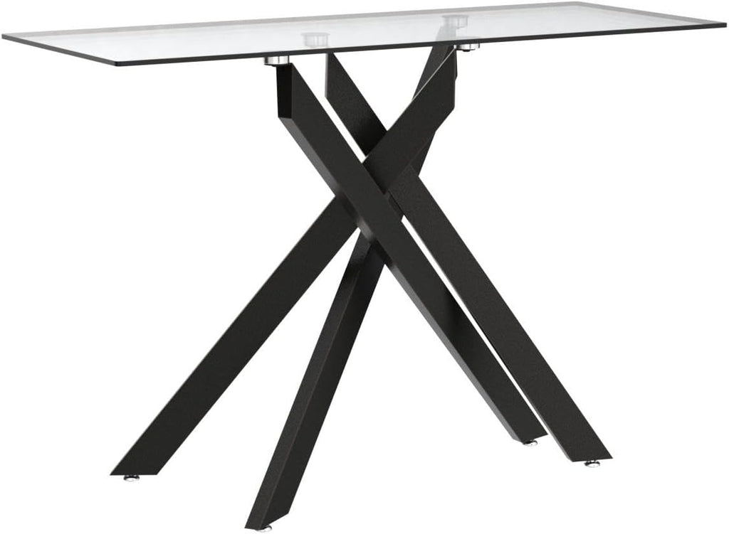Edwin's Choice Black Glass Console Table Narrow Sofa Table with Grey Tempered Glass Top and Black Metal Tubular Legs with Gold Rim, 45”Lx18”Wx30”H