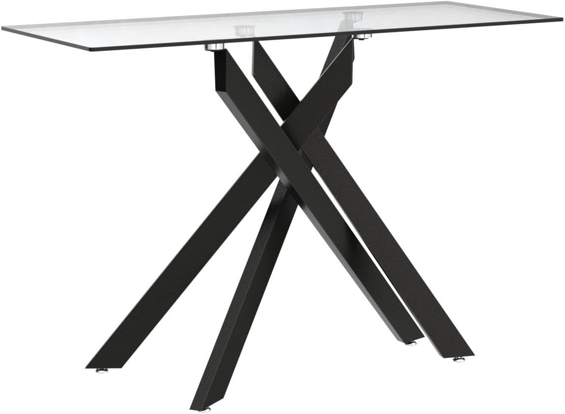 Edwin's Choice Black Glass Console Table Narrow Sofa Table with Grey Tempered Glass Top and Black Metal Tubular Legs with Gold Rim, 45”Lx18”Wx30”H
