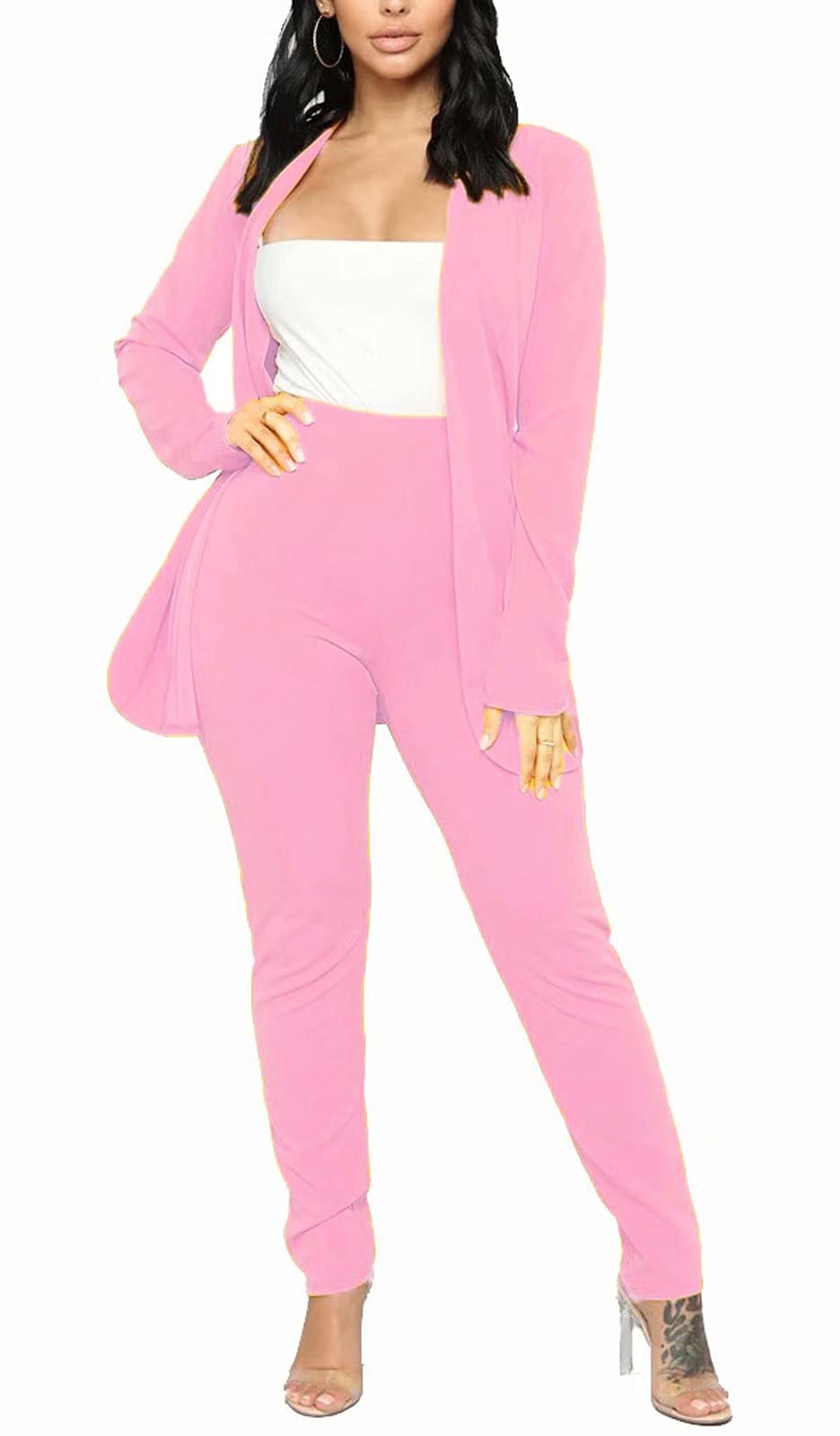 Aro Lora Women's 2 Piece Outfit Casual Solid Open Front Blazer and Pencil Pant Suits Set
