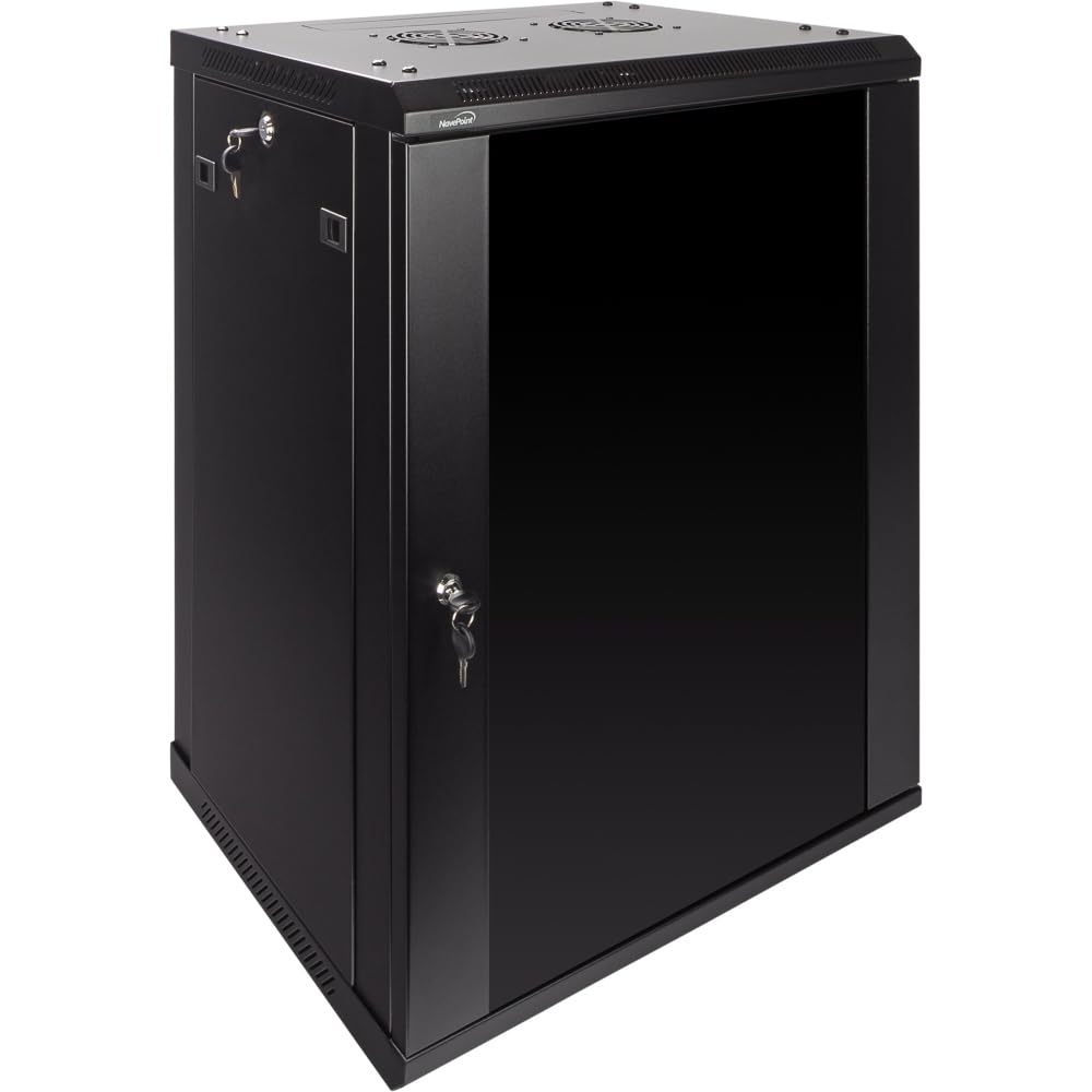 NavePoint 12U Server Rack Enclosure - 23.6” Deep, Wall Mount Network Cabinet with Locking Glass Door for 19” IT Equipment, Network Rack with 2 Fans, Removable Side Panels, Black