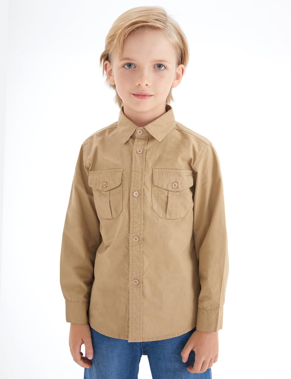 Spring&Gege Boys' Long Sleeve Button Down Shirt for Kids Woven Solid Two Pockets