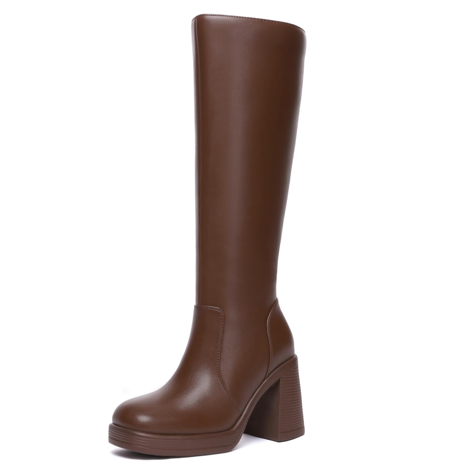 Athlefit Black Knee High Boots for Women Platform Tall Boots Fashion Square Toe Chunky Heeled Booties