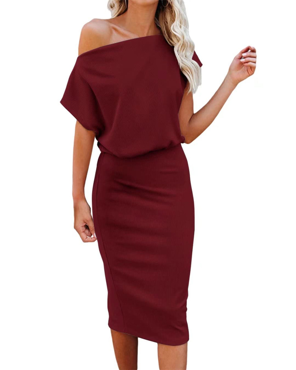 EZBELLE Women's Summer Dress Off The Shoulder Short Sleeve Ribbed Casual Party Bodycon Midi Dresses