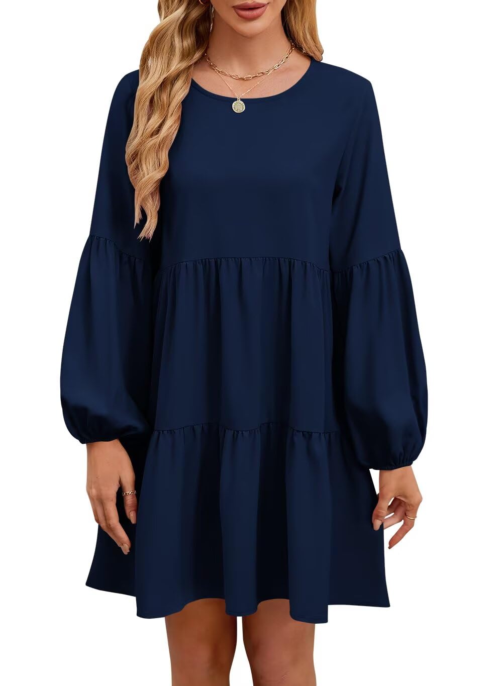 QACOHU Falll Dresses for Women 2026 Crew Neck Long Lantern Sleeve Casual Loose Flowy Swing Shift Dress